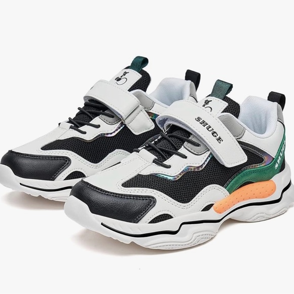 NEW-SHUGE White Black Green Leather Strap Slip On Sneakers Shoes- Youth 3.5Y - Picture 3 of 8